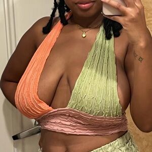 SHEIN Ruffled Colorblock Crop Top in Green, Coral, and Pink